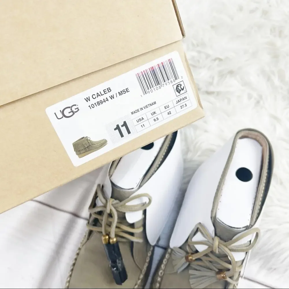 UGG W Caleb Mouse Fringe Nubuck Slip on Leather Booties‎ Moccasins Size 11